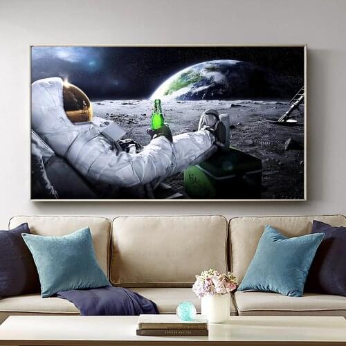 Astronaut Drink Beer on the Moon Landscape Canvas Painting Printed Wall Art Space Man Picture for Living Room Quadros Home Decor