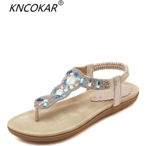 KNCOKAR Summer New Style Women Fashion Comfortable Leisure Water Drill Pure Color Flat Heel Sandals Beach Shoes x0578