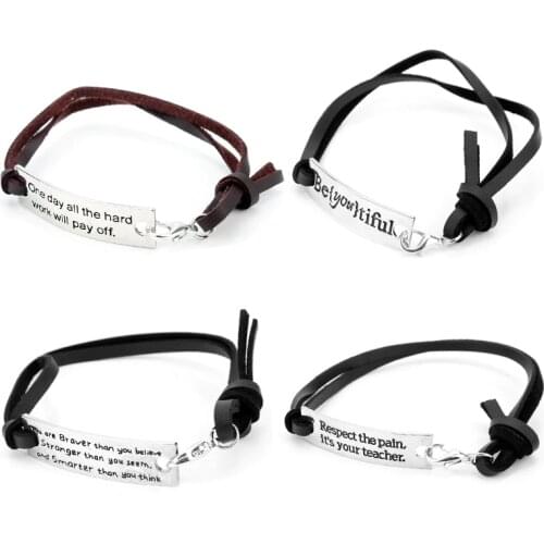 Dongsheng Silver Color Engraved Message "Be{you}tiful" Charm Leather Bracelet Rectangle Affirmation Jewelry Graduation Gift