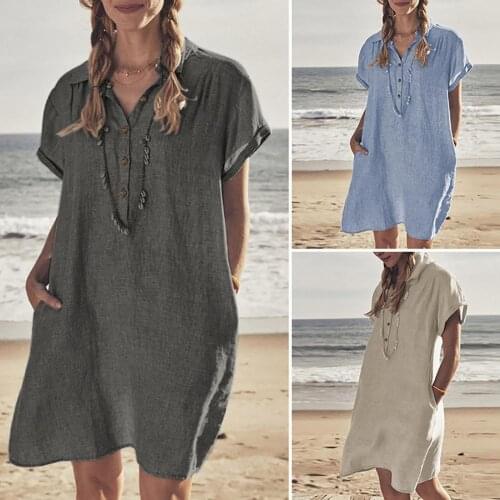 Fashion Sexy Women Loose Dress Streetwear Beach Dresses Shirt Dress Solid Color Pockets Women Short Sleeve Lapel Buttons Dress