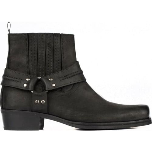 FootCourt- New Black Genuine Oiled Leather Western Biker Ankle Boots Ankle Harness Cuban Heel Big Size for Men 46-49 large Shoes