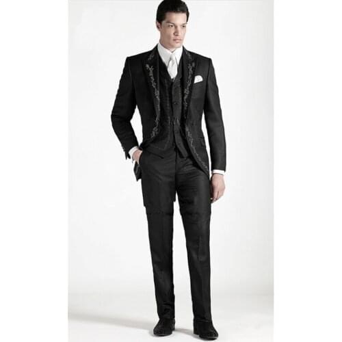 New Style Groomsmen Peak Lapel Groom Tuxedos Embroidery Men Suits Black Wedding/Prom Best Man Blazer (Jacket+Pants+Vest) C207