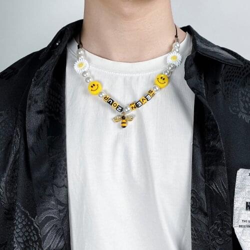 Little Bee Daisy Rhinestone Hip Hop Necklaces Fashion Jewelry For Women Pearl Smiley Rope Adjustable Choker Necklace Punk Gift