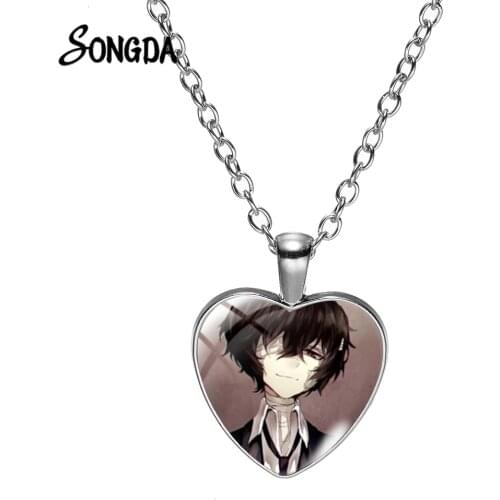 Bungou Stray Dogs Chain Necklace Atsushi Nakajima Dazai Chuya Ryunosuke Anime Figures Glass Art Heart Pendant Necklace for Fans