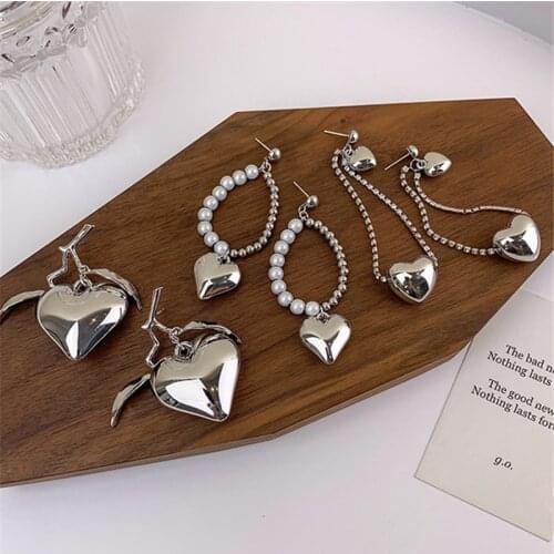 AOMU Silver Color Metal Tassel Chain Heart Earring Reflective Irregular Geometric Beaded Drop Earrings for Women Jewelry Gifts