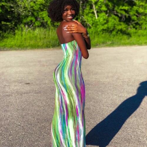 Party Club Women Strapless Sheath Dress Spring Color Block Printed Boat Neck Bodycon Long Dress Orange/Green/Red/Grey/Blue