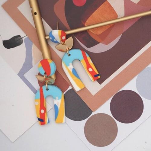 Spring Summer Fashion Modern Polymer Clay Cute Fun Handmade color U Shape Dangle Pendant Jewelry For Women Layered Stud earring