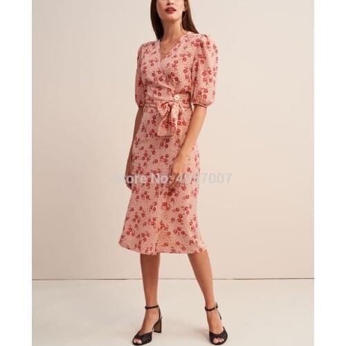 High Quality Pink/Green Floral Printed Wrap V Neckline Midi Dress With Waist tie & Button Detail - Elfbop Ladies Stylish Dress