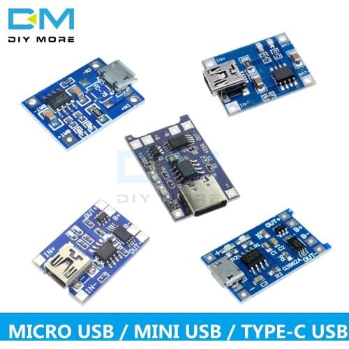 Type-c/Micro/Mini USB 5V 1A 18650 TC4056A Lithium Battery Charging Board Charger Module With Protection Dual Functions 1A Li-ion