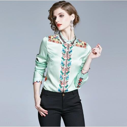 Runway Designer Women Satin Shirt 2021 Spring Summer Womens Long Sleeve Vintage Flower Print Shirt Fashion Tops