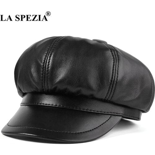 LA SPEZIA Genuine Leather Hats Women Newsboy Cap Solid Black Real Leather Sheepskin Beret Autumn Winter Hats for Women
