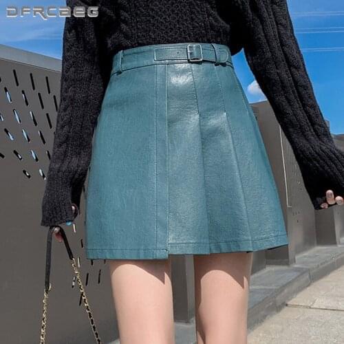 Purple Casual Autumn Winter Leather Pleated Skirts For Woman 2021 High Wasited Ladies Washed PU Short Skirt Black
