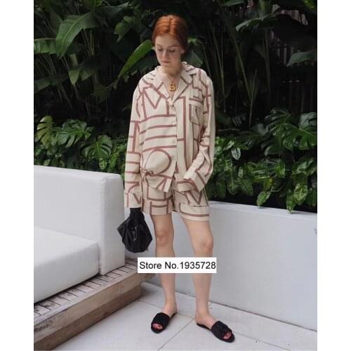 ElfStyle Silk Monogram Geometric Print Pajamas Style Blouse Top + Matching Trousers - New Women Stylish Top Pants 2 Piece Set