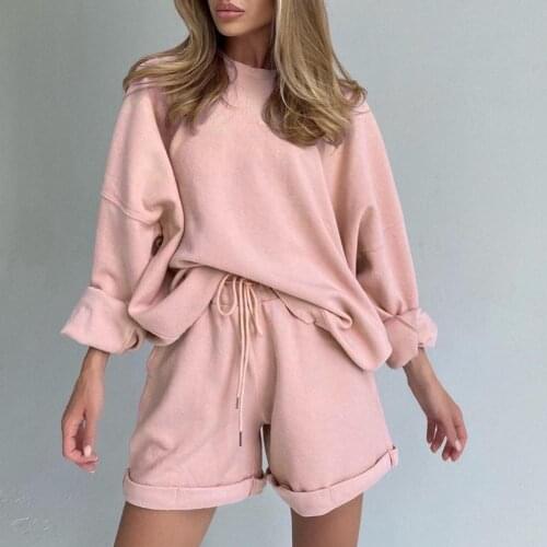 2021 Women Suit Drawstring O Neck Long Sleeve Top Shorts Suit Autumn Sports Long-sleeved Loose Hem T-shirt + shorts