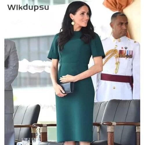 Meghan Markles Knitted Dress Women Fashion Elegant O Neck Short Sleeve Spring Summer Simple Dresses For Office Ladies Clothes