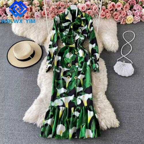 Evening party Dress Lady Elegant Bow collar Fashion Print Double breasted Maxi Dress Women High waist Package Hip Dresses