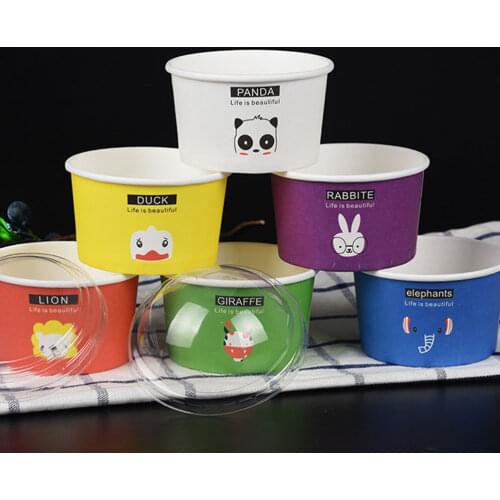 100pcs 85/200ml Disposable Ice Cream Paper Cup Cartoon Animal Designed Ball Cup with Half Ball Cover Dessert Cake Cup Bowls