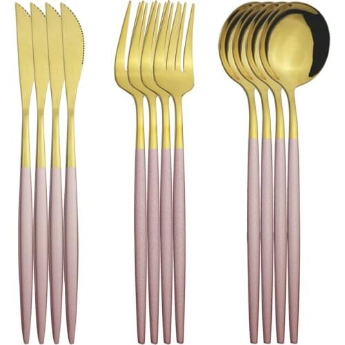 4set/12pcs Pink Gold Dinnerware Cutlery Set Silverware Set Stainless Steel Knife Fork Spoon Dinner Kitchen Flatware Tableware