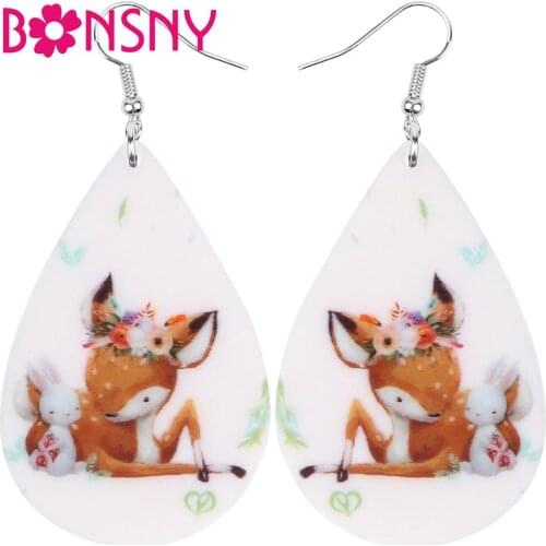 Bonsny Acrylic Teardrop Floral Sika Deer Elk Earrings Drop Dangle Jewelry For Women Girls Teens Kid Party Charm Decorations Gift