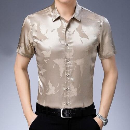 Crane Printed Satin Big Size Blouse Smooth Cozy Ics Silk Shirts For Mens Summer Short-sleeved Shirts Wide Oversize White Clothes