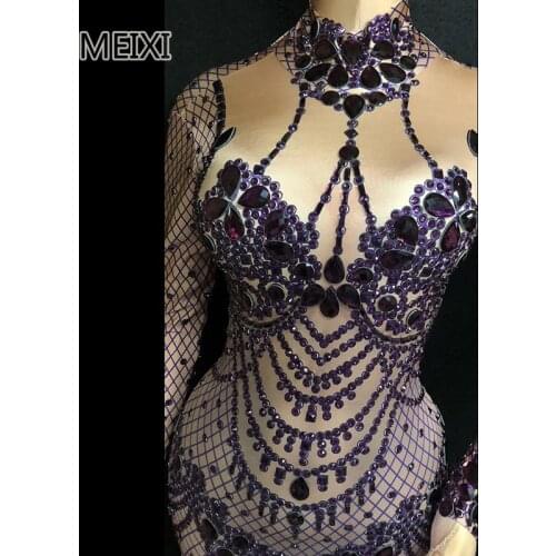 Sparkling unique deep V purple glass diamond rhinestone evening dress bar gala party concert singer dancer costume