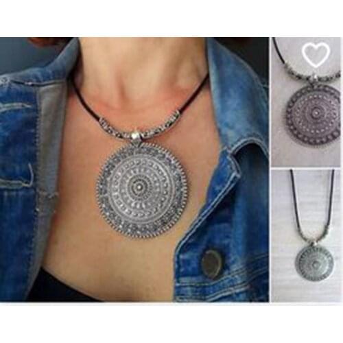 Long Ethnic Necklace with Circle Tribal Pendant, Bohemian Jewelry, Boho Necklaces, Silver Pendants, Ethnic Style, Tribal Fashion