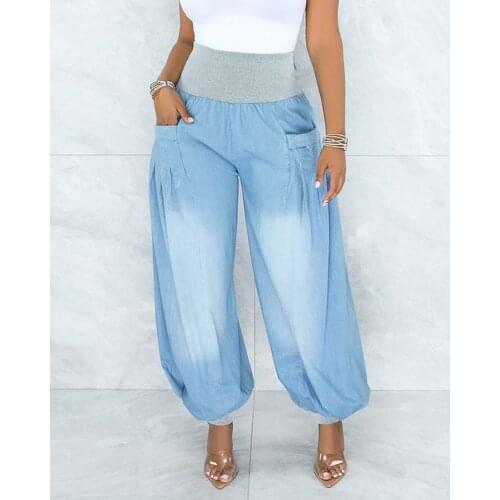 Summer Streetwear Casual Pocket Design Colorblock High Waist Jeans Womens Clothes Loose Daily Wear Long Pants Fashion Trousers