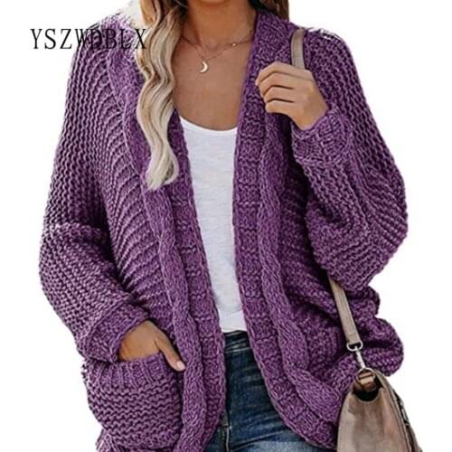 Women Cardigan 2021 Spring Autumn Oversize Knitted Sweater Casual Outerwear Purple Khaki Cardigans Open Stitch Loose-fitting
