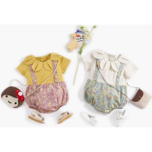Newborn Infant Baby boys girls Romper Short sleeve petal collar Floral printed Fake two-piece suspenders clothing