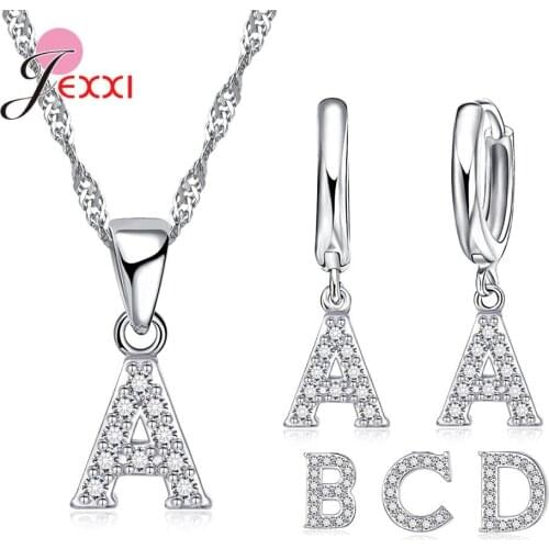 925 Sterling Silver Jewelry Sets 26 Letters Initial Necklace for Women Cubic Zircon Alphabet Pendants Necklaces Earring Set