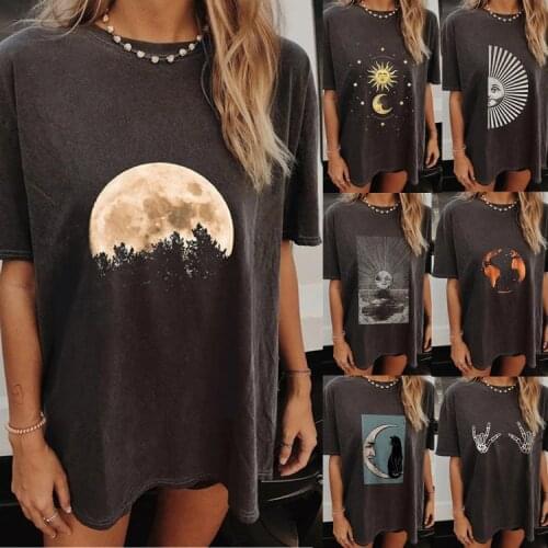 Summer Fashion Sun And Moon Print T Shirt 2021 New Womens Loose O Neck Short Sleeve Printed Pullover Casual Gray Top Tee Girls
