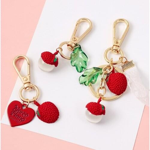 Cute Litchi Leechee Fruit Plants 3D Crystal Lace Keychain For Summer Key Chains Ring Bag Pendent Charm Women Accessories D617