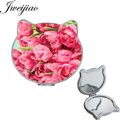 JWEIJIAO love rose Cat Ear Shaped Vanity espejos pink flowers Mini mirror Compact for lovers anniversary Vintage Design KL15