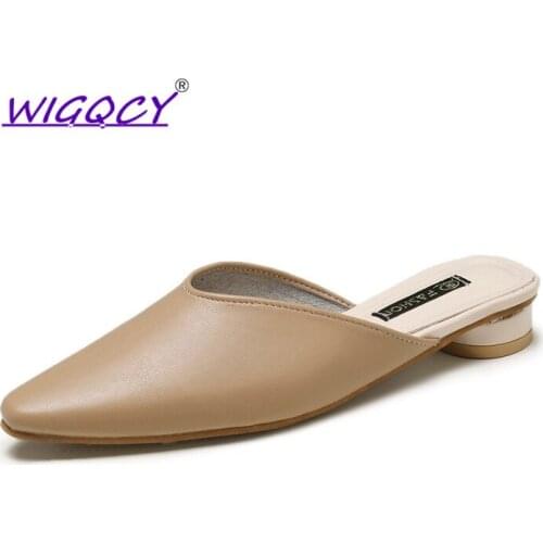 Leather Pointed slippers women 2019 summer shoes women Fashion Round heel Slip-On Mules slides Beige Casual female shoes