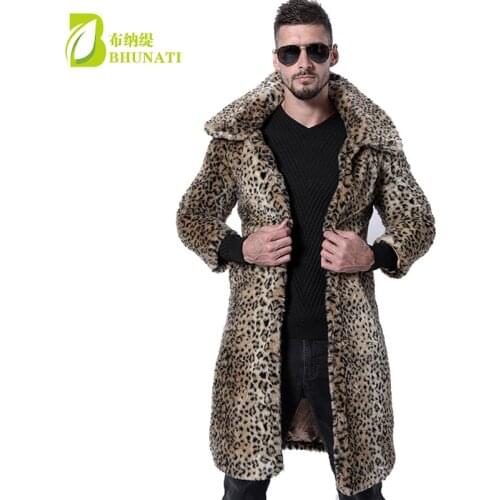 Autumn and Winter Mens New Faux Fur Coat Leopard Large Lapel Long Coat Mink Fox Fur Long Outwear Faux Fur Jacket