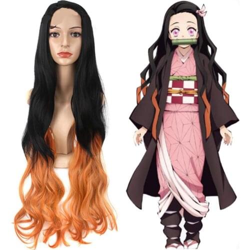 Kamado Nezuko Wig Demon Slayer: Kimetsu no Yaiba Nezuko Cosplay 95cm Gradient Long Hair Accessories Heat Resistant Synthetic Wig