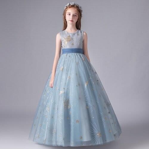 Flower Girl Dresses Princess Sleeveless Floor-Length Embroidery Pleat Sequined Ball Gown O-Neck Tulle Lace Kids Party Skirt H118