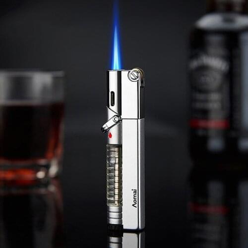 Transparent Visible Gas Box Straight Jet Flame Grinding Wheel Ignition Lighter Cigar Tobacco Pipes Accessories Mens Gifts