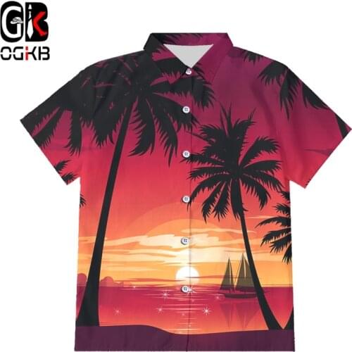OGKB Sunset Coconut Tree Hawaiian 3D Print Button Shirt Short Sleeve Men And Women shirt Slim Hip Hop Streetwear Oversized