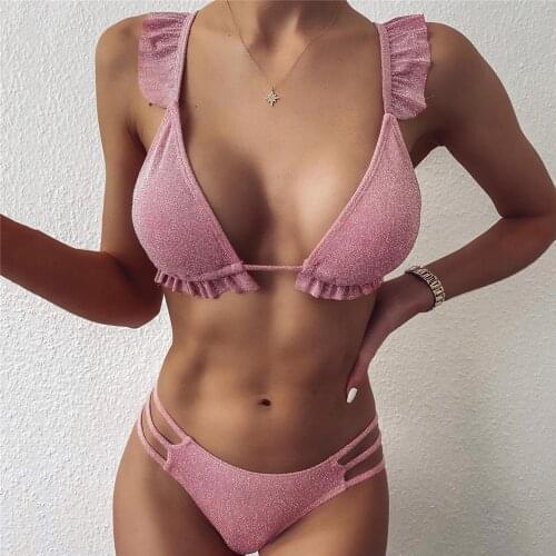 Sexy Ruffle Shiny Push Up Bikini Set Swimsuit Women Swimwear String Thong Bikinis 2021 Mujer Bathing Suit Biquinis Feminino