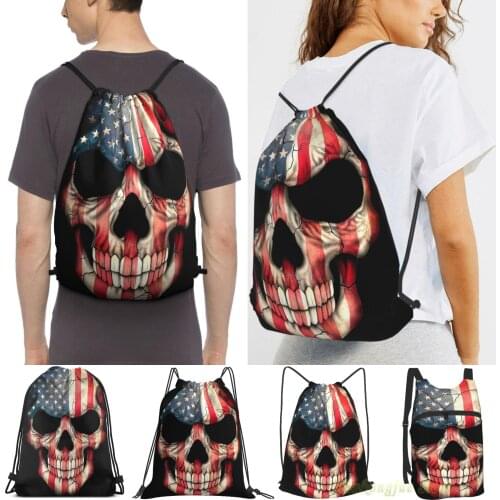 Unisex Drawstring Bags American Flag Skull Women Drawstring Backpacks Men Outdoor Travel Backpacks Training Fitness Bag