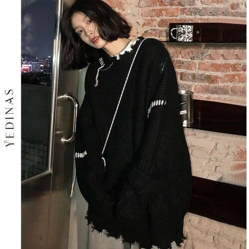 Yedinas Streetwear Tassel Sweater Women Clothes Long Sleeve Autumn Winter Ladies Jumpers Y2K Loose Oversize Knitted Pullover
