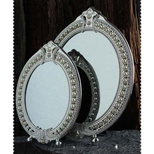 2pcs/set vintage desktop makeup cosmetic mirror embossed jewelry pearl-inlayed decorative silver metal frame table decoration
