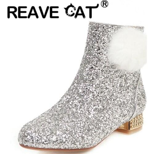 REAVE CAT Short Plush Princess Ankle Boots Rabbit Fur Glitter Round Toe Shiny Zip 2.5cm Crystal Square Heel US12 Silver A4215