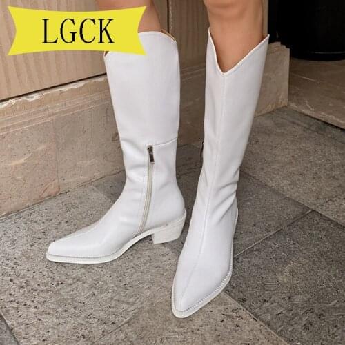 Plus Size 34-40 Leather Pointy Boot Brand Womens Shoes Lady Boots Sexy Knee Boots Sexy Square Heel Fashion Westward Women Boots