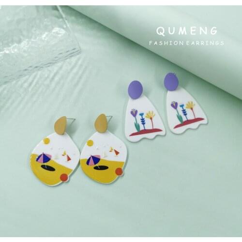 High Quality Geometric Flowers Beach Alloy Studs Acrylic Three-Dimensional Printing Earrings Fresh Lovely Simple Jewelry Female