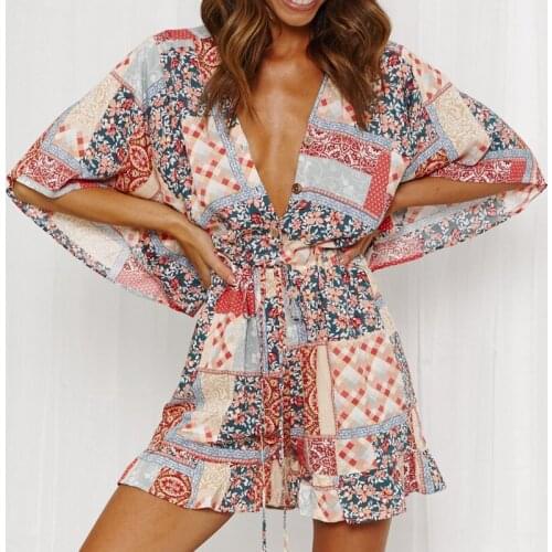 Deep V Neck Women Jumpsuits For Streetwear Belt Short Flare Sleeve Floral Print Summer Casual Loose Beach Ruffle Short Playsuits