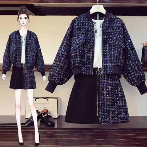 JSXDHK S-4XL Plus Size Tweed 2 Piece Set Fall Winter Women Zipper Plaid Loose Woolen Jacket + Tassel Patchwork A Line Skirt Suit