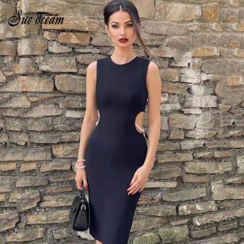 Sexy O-neck Sleeveless Hollow Beaded Bodycon Bandage Dress 2021 New Summer Womens Fashion Club Party Dress Vestido