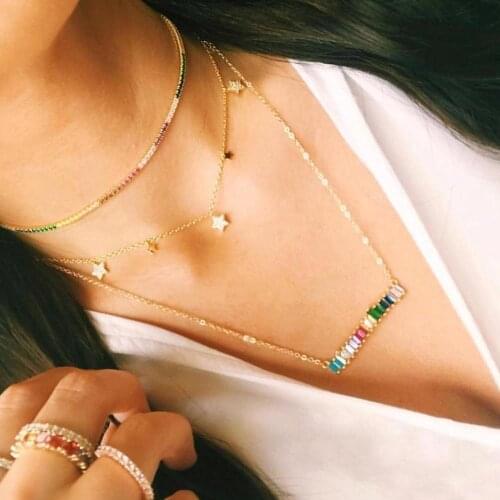 Gold Filled Rainbow Bar Necklace Multi Color Baguette Conbic Zirconia Stone Long Choker Necklaces For Women Classic Jewlery